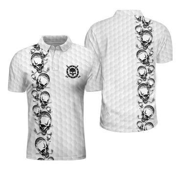 Golfing Skull Golf Ball And Clubs Shirt Polo Shirt, Golf Pattern Polo Shirt, Black And White Golf Shirt For Men
