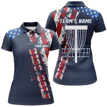 Custom American Flag Patriotic Womens Disc Golf Polo Shirt Custom Team Disc Golf Basket Shirts , Blue Navy, Perfect Gift For Women