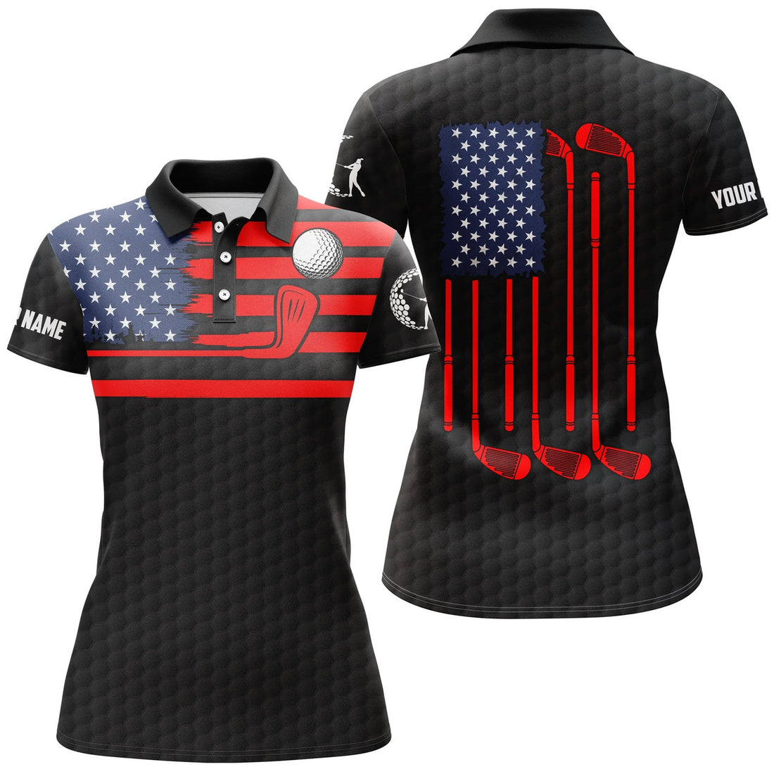 Custom American Flag Patriotic Womens Golf Polo Shirt Custom Name Black Golf Polo Shirt, Unique Golf Gifts, Perfect Gift For Women