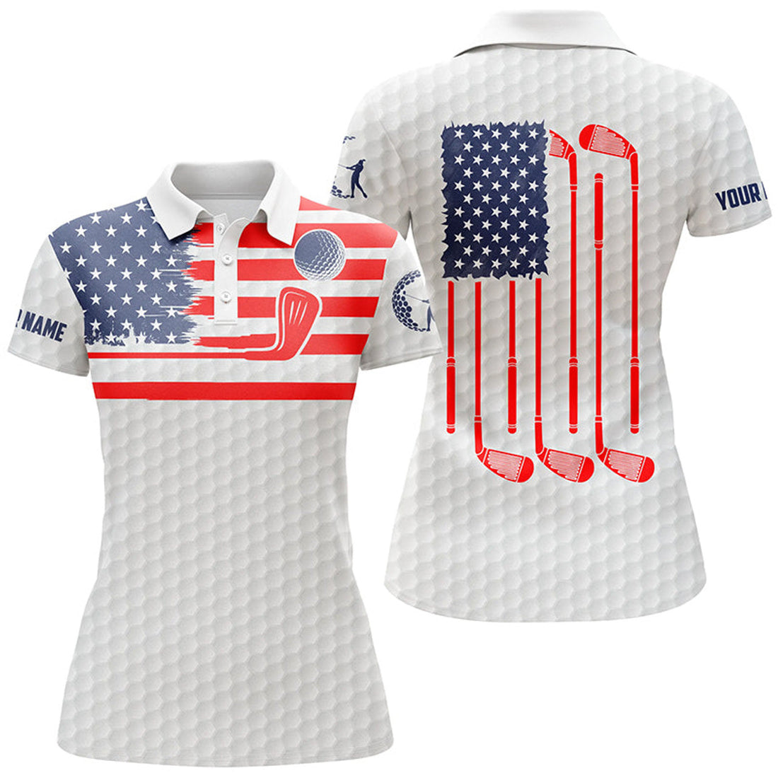 Custom American Flag Patriotic Womens Golf Polo Shirt Custom Name White Golf Polo Shirt, Unique Golf Gifts