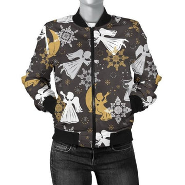 FUNSTUFFPRINT Angel Snowflake Print Pattern Women Casual 3D Bomber Jacket