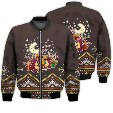 FUNSTUFFPRINT Animal Print Bomber Jacket - Cute Christmas Purple Reindeer Pattern Brown 3D Bomber Jacket - Gift For Christmas 3D Bomber Jacket