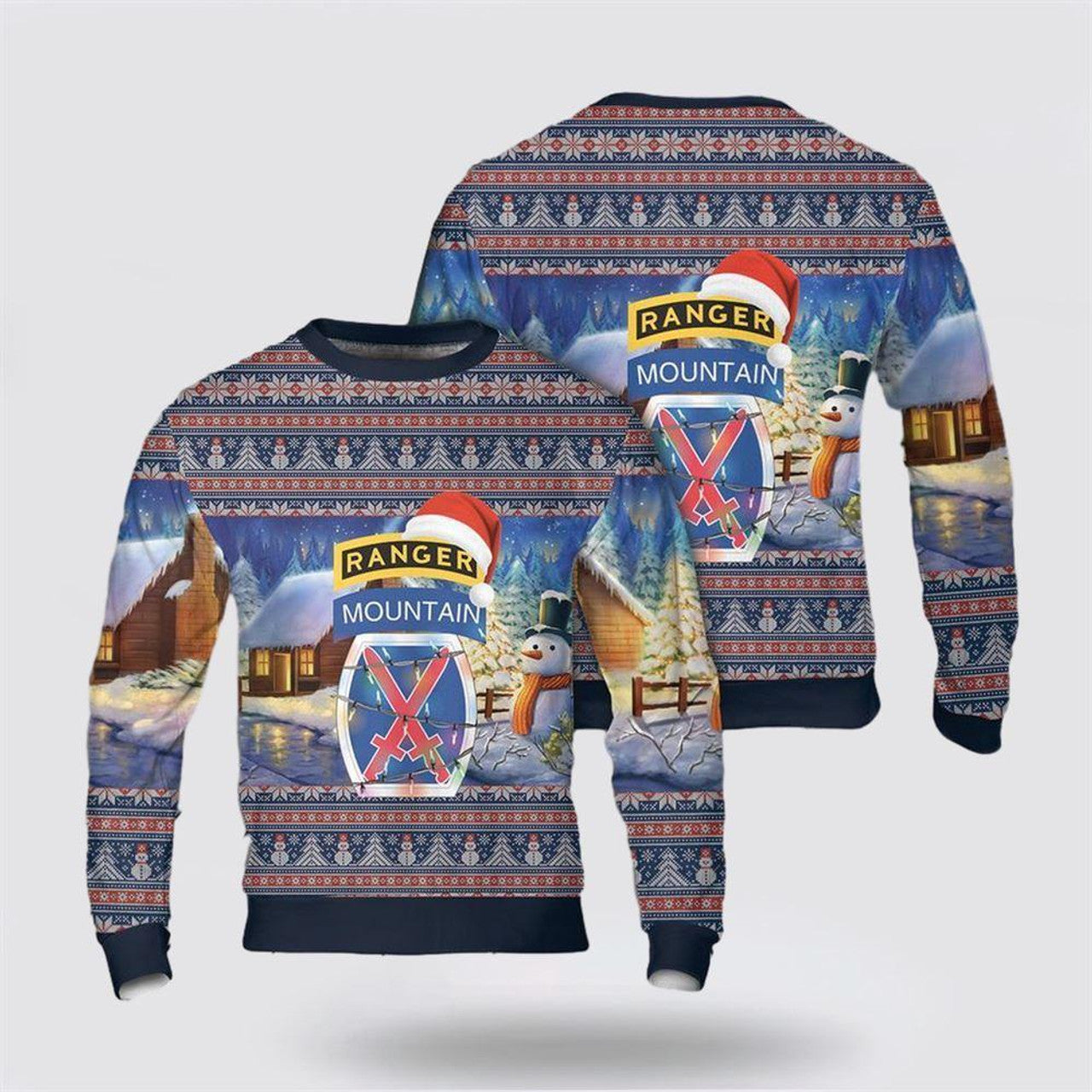 FUNSTUFFPRINT Army Sweater, US Army 10th Mountain Division with Ranger Tab Christmas Sweater  Ugly  Sweater