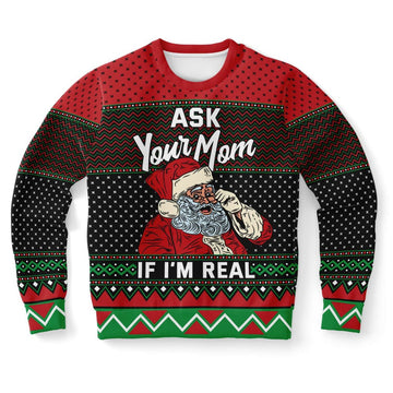 FUNSTUFFPRINT Ask Your Mom If I'm Real Santa Ugly Christmas Sweater, Christmas Sweater, Ugly Sweater, Funny Xmas Sweaters Ugly Sweater