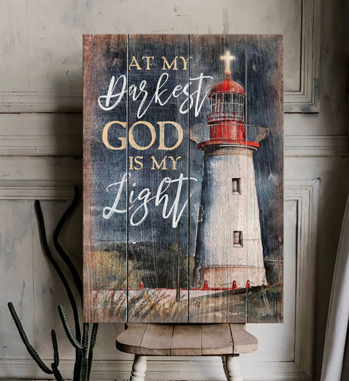 At My Darkest God Is My Light Canvas - Lighthouse Cross Canvas Posters - Christian Wall Posters - Religious Wall Decor