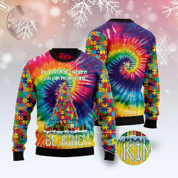FUNSTUFFPRINT Autism Christmas Tree Tie Dye Ugly Christmas Sweater, Xmas Tree Sweater, Christmas Sweater Ugly Sweater