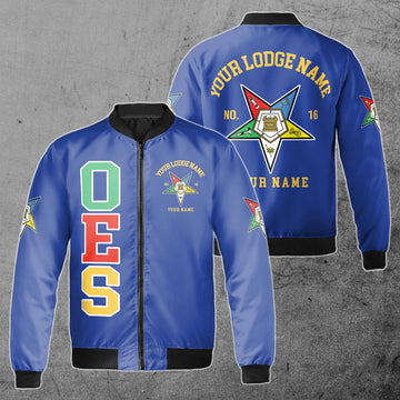 Custom Name Order of the Eastern Star OES Pentagon Down AF&AM Unisex Bomber Jacket S-5XL