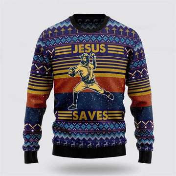 FUNSTUFFPRINT Baseball Jesus Save Ugly Christmas Sweater – Gifts For Christians Ugly Sweater