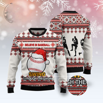 FUNSTUFFPRINT Baseball Santa Hat Ugly Christmas Sweater, Christmas Sweater, Ugly Sweater, Funny Xmas Sweaters Ugly Sweater
