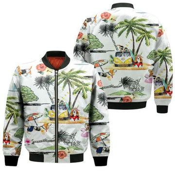 FUNSTUFFPRINT Basset Hound Hawaiian Hawaii Beach Retro 3D Bomber Jacket