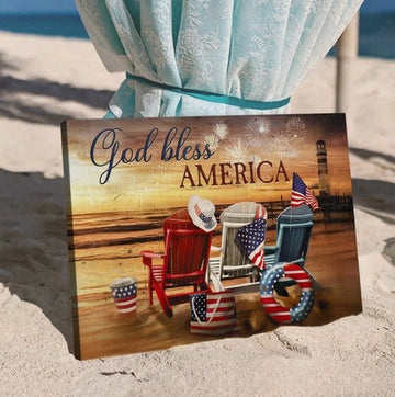 Beach Chairs American Flag Sunset Beach God Bless America Canvas Wall Art - Christian Poster - Religious Wall Decor