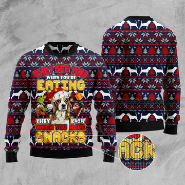 FUNSTUFFPRINT Beagle They Know When You Have Snacks Ugly Christmas Sweater, Christmas Sweater, Ugly Sweater, Funny Xmas Sweaters Ugly Sweater
