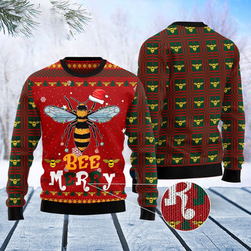 FUNSTUFFPRINT Bee Merry Chirstmas Ugly Sweater, Christmas Sweater, Ugly Sweater, Funny Xmas Sweaters Ugly Sweater
