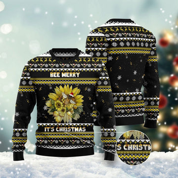 FUNSTUFFPRINT Bee Merry It'S Time Ugly Christmas Sweater, Christmas Sweater, Ugly Sweater, Funny Xmas Sweaters Ugly Sweater
