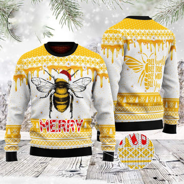 FUNSTUFFPRINT Bee Merry Santa Hat Ugly Christmas Sweater, Christmas Sweater, Ugly Sweater, Funny Xmas Sweaters Ugly Sweater