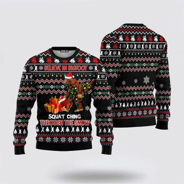 FUNSTUFFPRINT Believe In Bigfoot Squat Ugly Christmas Sweater For – Gifts For Bigfoot Lovers Ugly Sweater