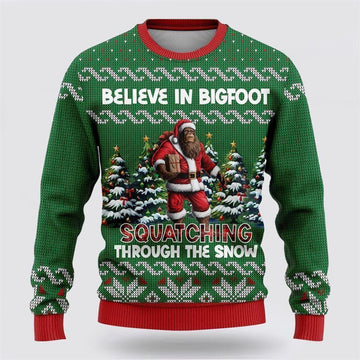 FUNSTUFFPRINT Believe In Bigfoot Through The Snow Ugly Christmas Sweater – Best Gift For Christmas Ugly Sweater