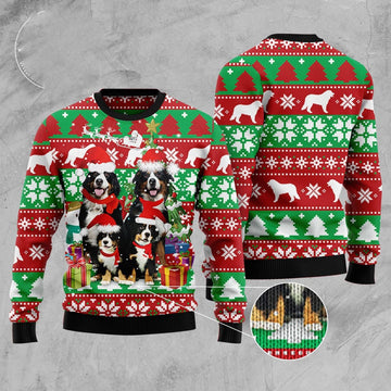 FUNSTUFFPRINT Bernese Mountain Dog Family Ugly Christmas Sweater, Dog Ugly Christmas Sweater, Ugly Dog Sweaters Ugly Sweater