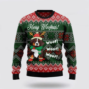 FUNSTUFFPRINT Bernese Mountain Dog Woofmas Ugly Christmas Sweater – Dog Lover Christmas Sweater Ugly Sweater