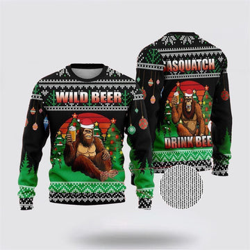 FUNSTUFFPRINT Bigfoot Beer Christmas Green And Black Pattern Ugly Christmas Sweater – Best Gift For Christmas Ugly Sweater