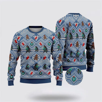 FUNSTUFFPRINT Bigfoot Christmas Blue Pattern Ugly Christmas Sweater – Best Gift For Christmas Ugly Sweater