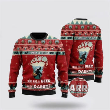 FUNSTUFFPRINT Bigfoot Darryl Ugly Christmas Sweater Be The One To Share A Beer – Gifts For Bigfoot Lovers Ugly Sweater