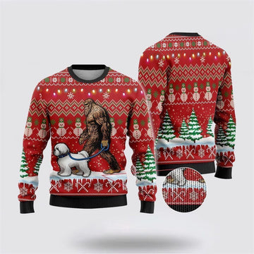 FUNSTUFFPRINT Bigfoot Goes To Spend Christmas With Bichon Frise Ugly Christmas Sweater – Best Gift For Christmas Ugly Sweater