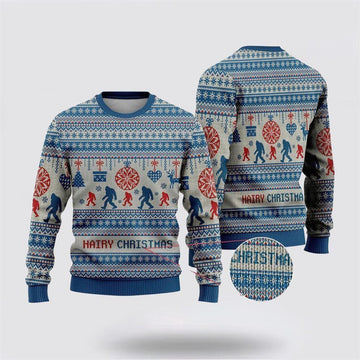 FUNSTUFFPRINT Bigfoot Hairy Christmas Blue Ugly Christmas Sweater – Best Gift For Christmas Ugly Sweater