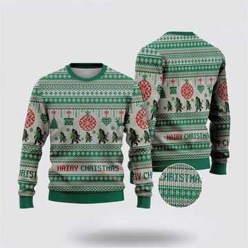FUNSTUFFPRINT Bigfoot Hairy Christmas Green Pattern Ugly Christmas Sweater – Best Gift For Christmas Ugly Sweater