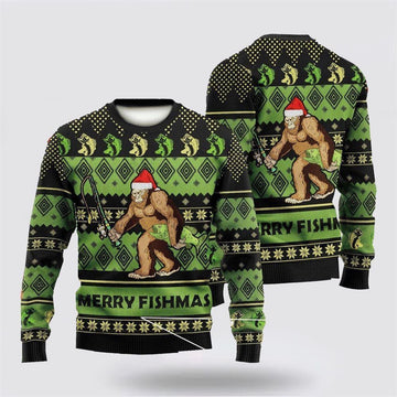 FUNSTUFFPRINT Bigfoot Merry Fishmas Green Ugly Christmas Sweater – Best Gift For Christmas Ugly Sweater