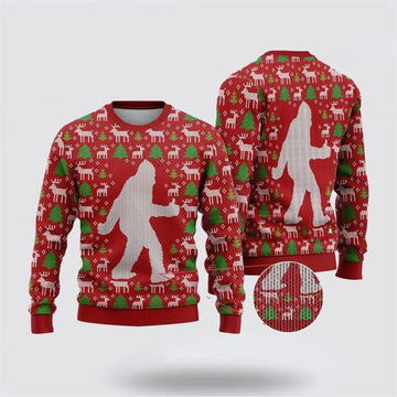 FUNSTUFFPRINT Bigfoot Reindeer And Pine Tree Motifs Ugly Christmas Sweater – Best Gift For Christmas Ugly Sweater