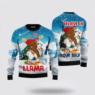 FUNSTUFFPRINT Bigfoot Riding Llama Ugly Christmas Sweater For Men & Women – Gifts For Bigfoot Lovers Ugly Sweater