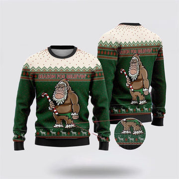 FUNSTUFFPRINT Bigfoot Season For Believin Green And White Pattern Ugly Christmas Sweater – Best Gift For Christmas Ugly Sweater