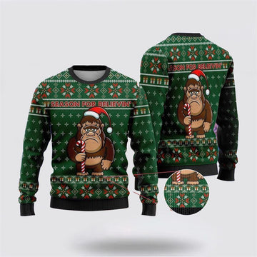 FUNSTUFFPRINT Bigfoot Season For Believin Green Pattern Ugly Christmas Sweater – Best Gift For Christmas Ugly Sweater