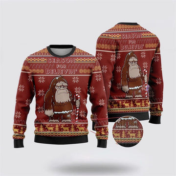 FUNSTUFFPRINT Bigfoot Season For Believin Red Pattern Ugly Christmas Sweater – Best Gift For Christmas Ugly Sweater