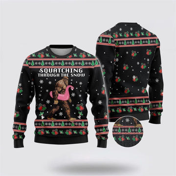 FUNSTUFFPRINT Bigfoot Snow Flamingo Ugly Chistmas Sweater – Best Gift For Christmas Ugly Sweater