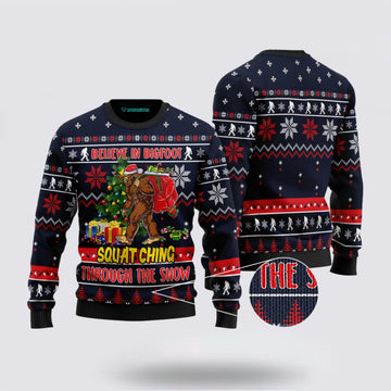 FUNSTUFFPRINT Bigfoot Squats Ching Ugly Christmas Sweater – Gifts For Bigfoot Lovers Ugly Sweater