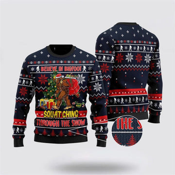 FUNSTUFFPRINT Bigfoot Squats Through The Snow Ugly Christmas Sweater For Men, Best Gift For Christmas, Christmas Fashion Winter Ugly Sweater