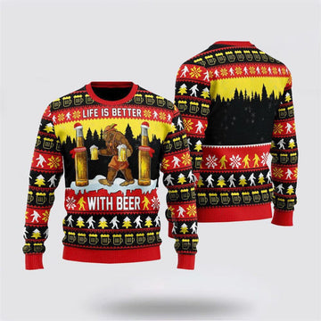 FUNSTUFFPRINT Bigfoot Sweater, Christmas Is Better With Beer Ugly Christmas Sweater For Men, Best Gift For Christmas, Christmas Fashion Winter Ugly Sweater