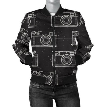 FUNSTUFFPRINT Black Camera Print Pattern Women Casual 3D Bomber Jacket