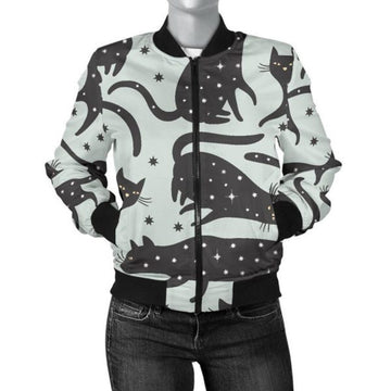 FUNSTUFFPRINT Black Cat Print Pattern Women Casual 3D Bomber Jacket