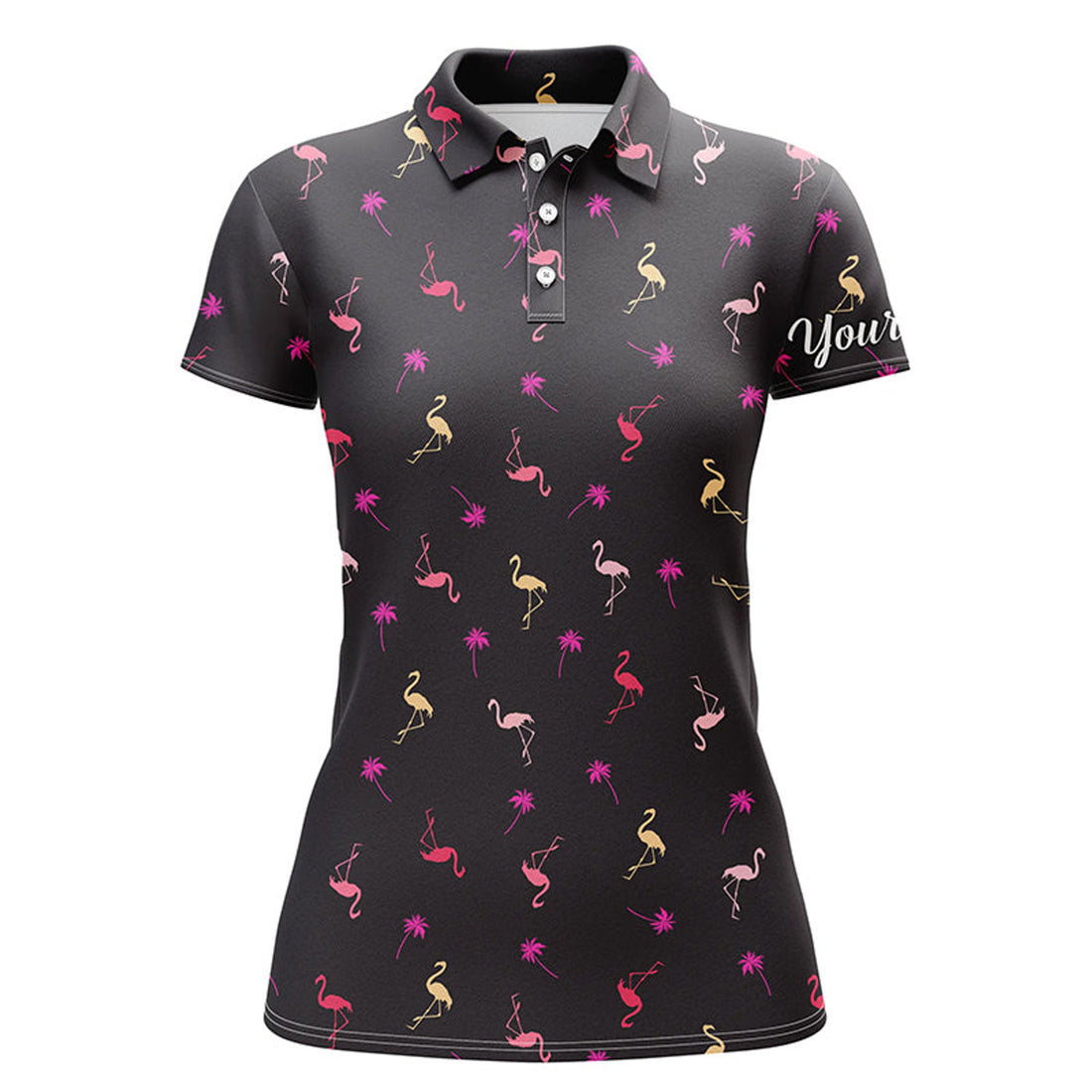 Custom Black Womens Golf Polo Shirt Neon Pink Flamingos Palm Pattern Custom Team Flamingo Golf Polo Shirts, Best Gift For Women