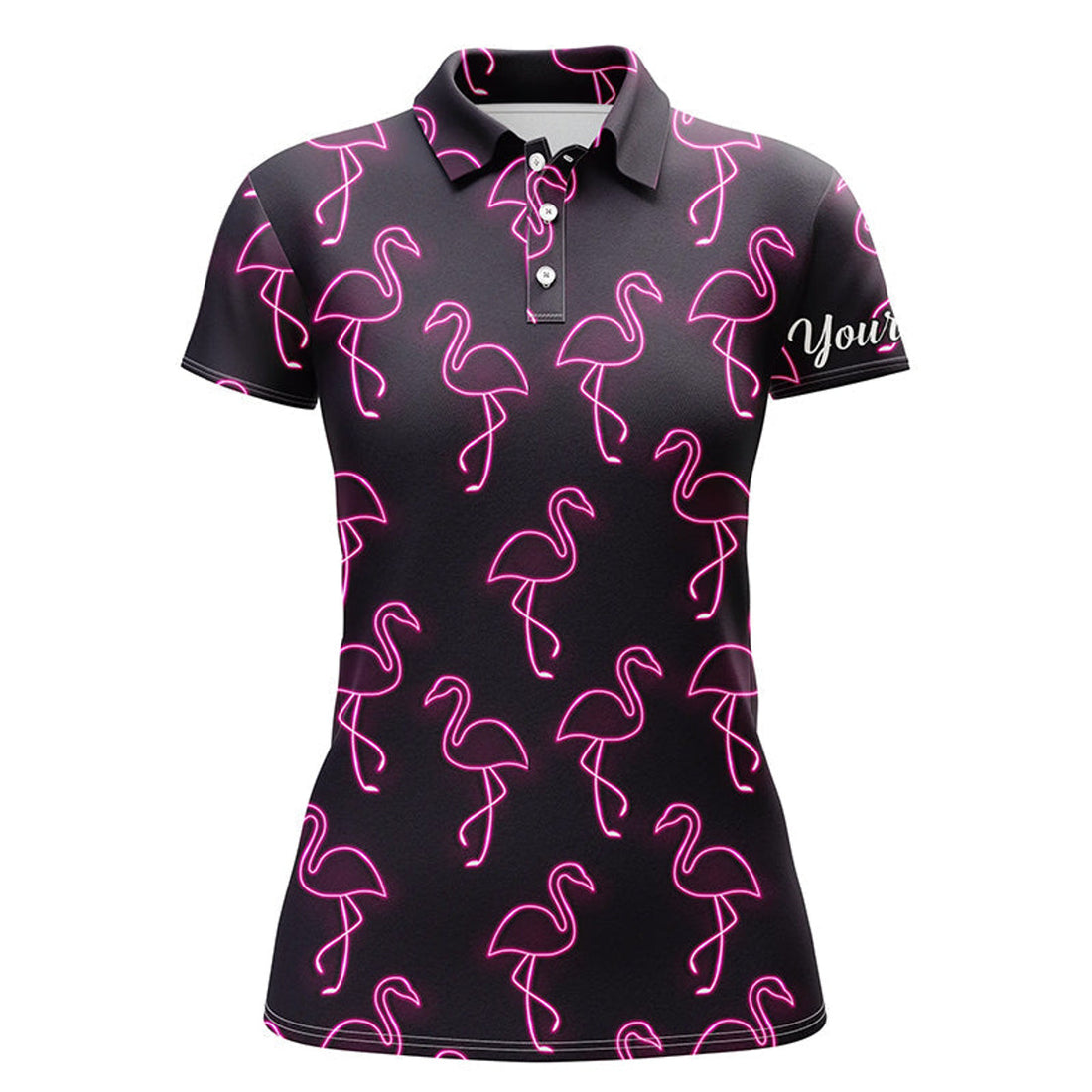 Custom Black Womens Golf Polo Shirt Neon Pink Flamingos Pattern Custom Name Team Golf Polo Shirts, Best Gift For Women