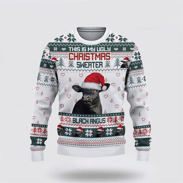 FUNSTUFFPRINT Black Angus Green Merry Christmas Ugly Sweater, Gifts For Farmers Ugly Sweater