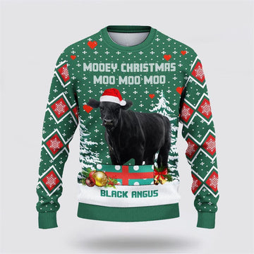 FUNSTUFFPRINT Black Angus Green Merry Christmas Ugly Sweater, Gifts For Farmers, Rural Lovers Ugly Sweater