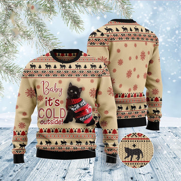 FUNSTUFFPRINT Black Cat Baby Ugly Christmas Sweater, Christmas Cat Ugly Sweater, Ugly Cat Xmas Sweater Ugly Sweater