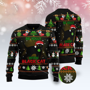 FUNSTUFFPRINT Black Cat Be Jolly Ugly Christmas Sweater, Christmas Cat Ugly Sweater, Ugly Cat Xmas Sweater Ugly Sweater