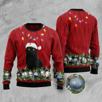 FUNSTUFFPRINT Black Cat Christmas Beauty Ugly Christmas Sweater, Christmas Cat Ugly Sweater, Ugly Cat Xmas Sweater Ugly Sweater