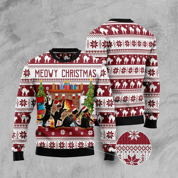 FUNSTUFFPRINT Black Cat Christmas Dancing Ugly Christmas Sweater, Christmas Cat Ugly Sweater, Ugly Cat Xmas Sweater Ugly Sweater