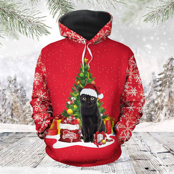 FUNSTUFFPRINT 3D Black Cat Christmas Tree All Over 3D Hoodie and Zip Hoodie